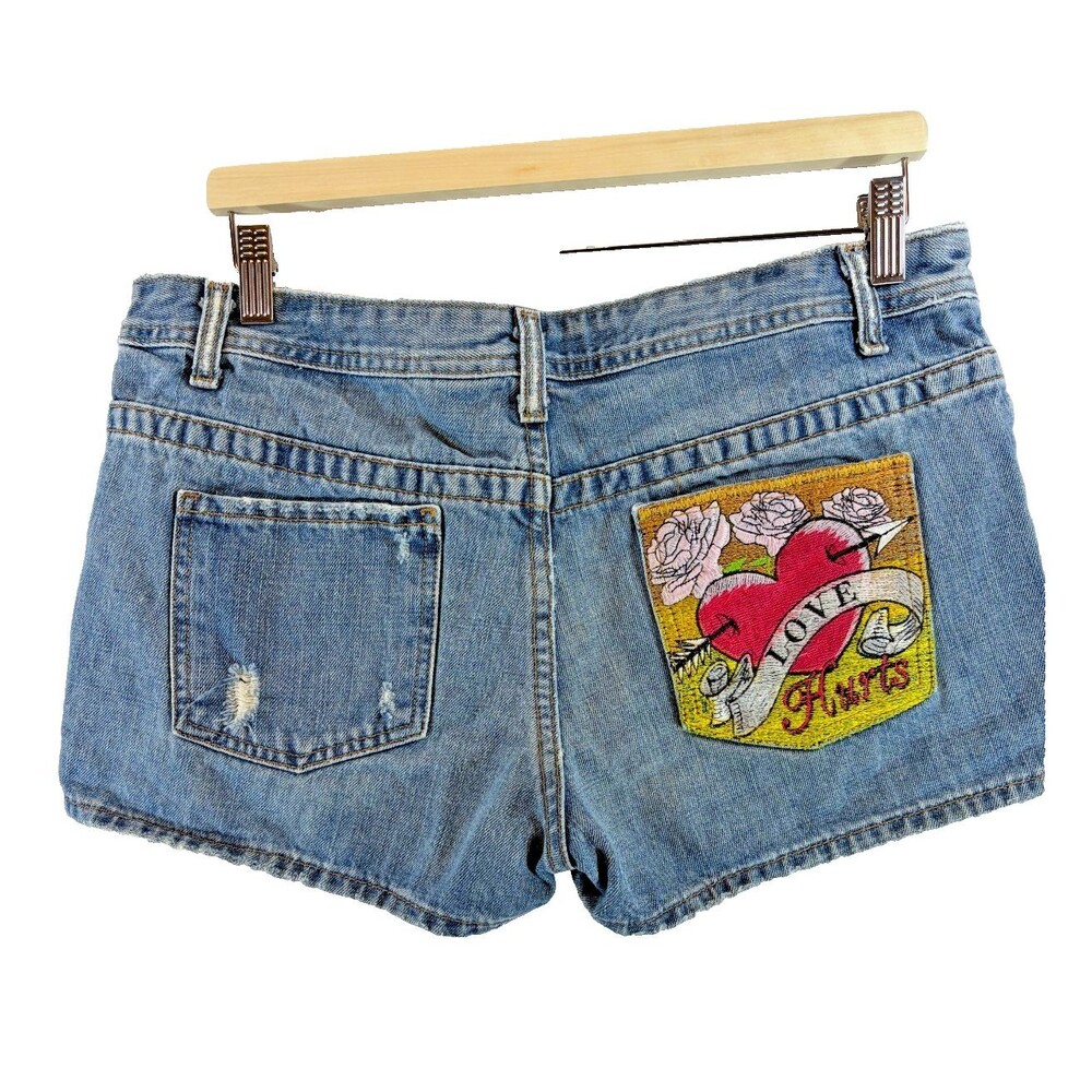 Vintage LiLu Y2K Low Rise Distressed Denim Shorts Size 11 Embroidered Love Hurts